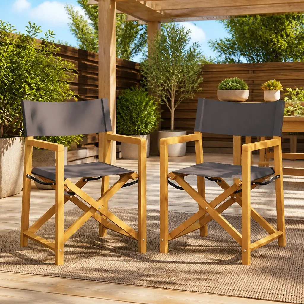 Folding Director Chairs Lightweight Portable 2 Piece Grey Fabric Outdoor Garden Seating