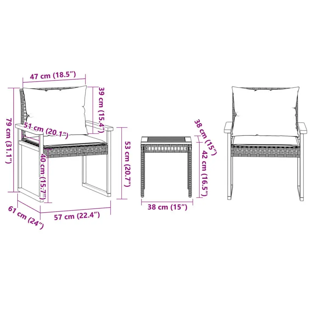 3 Piece Bistro Set Black Outdoor Garden Furniture with Cushions