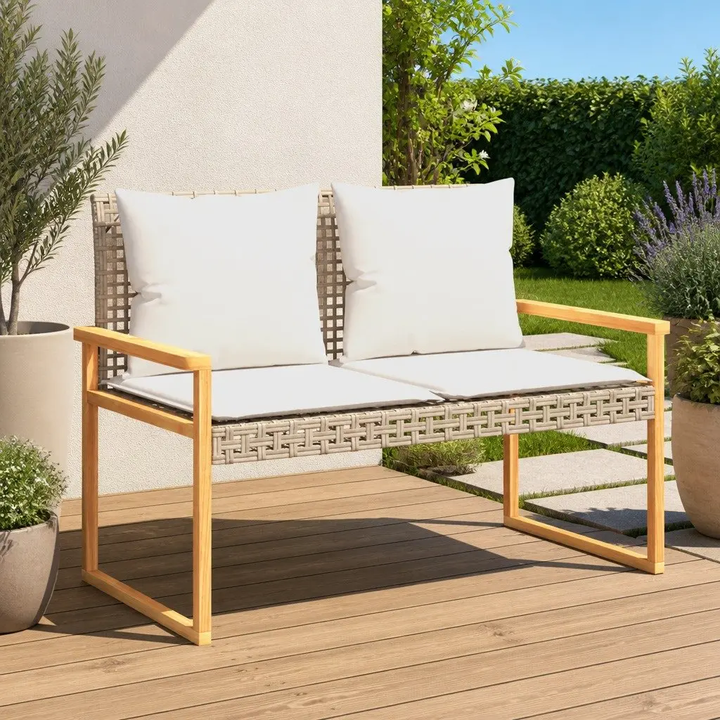 Outdoor Bench Beige Cushion Poly Rattan Acacia Wood Frame