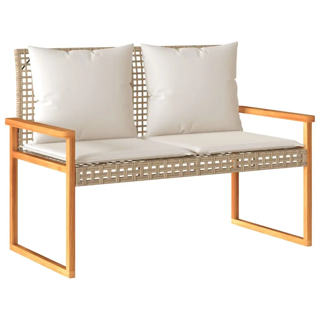 Outdoor Bench Beige Cushion Poly Rattan Acacia Wood Frame