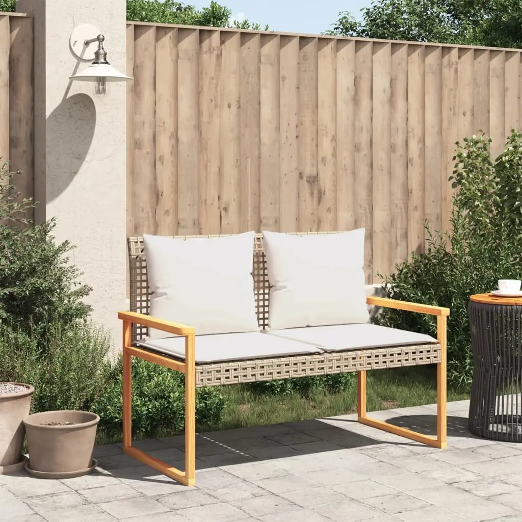 Outdoor Bench Beige Cushion Poly Rattan Acacia Wood Frame