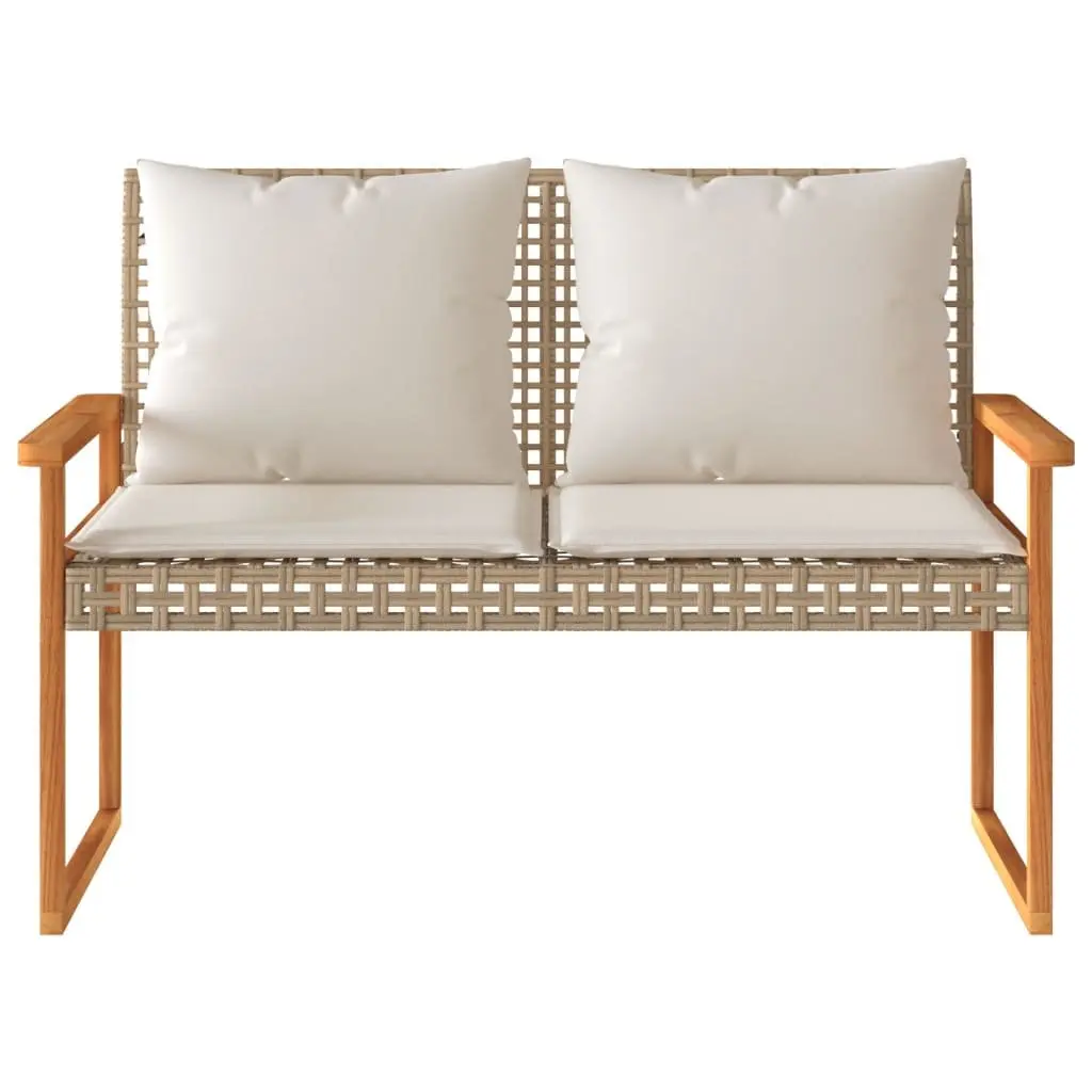 Outdoor Bench Beige Cushion Poly Rattan Acacia Wood Frame