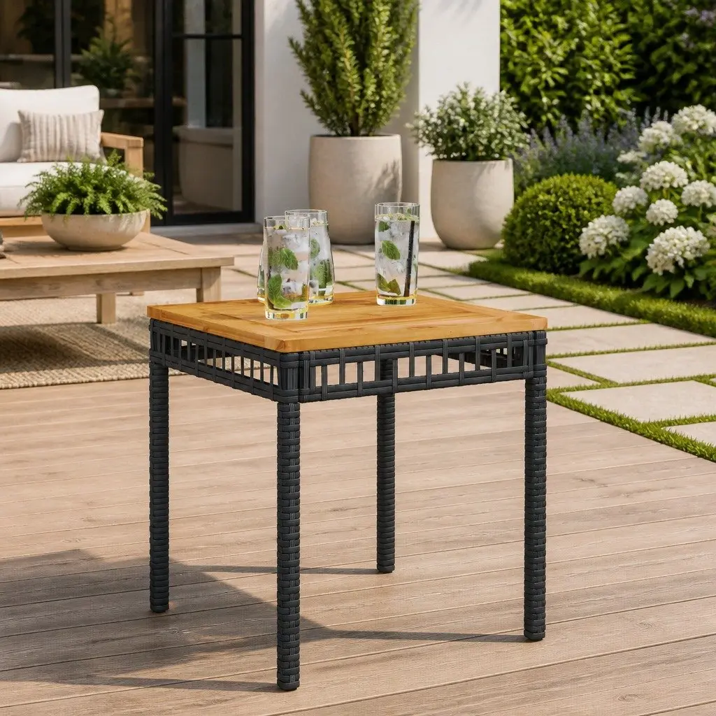 Garden Table Black Poly Rattan Acacia Wood 38 x 38 x 42 cm