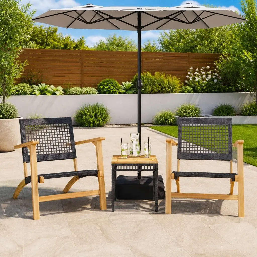 3 Piece Bistro Set Black Outdoor Garden Furniture Rattan Acacia Wood Table Chairs