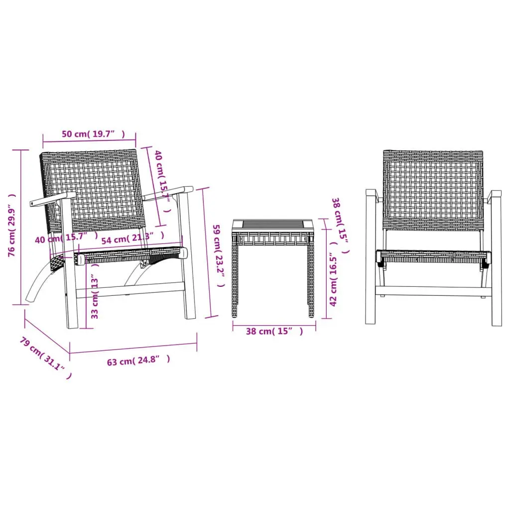 3 Piece Bistro Set Black Outdoor Garden Furniture Rattan Acacia Wood Table Chairs