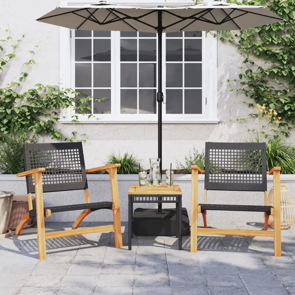 Garden Chairs Black Poly Rattan Outdoor Patio Seats with Acacia Wood Arms 2pcs