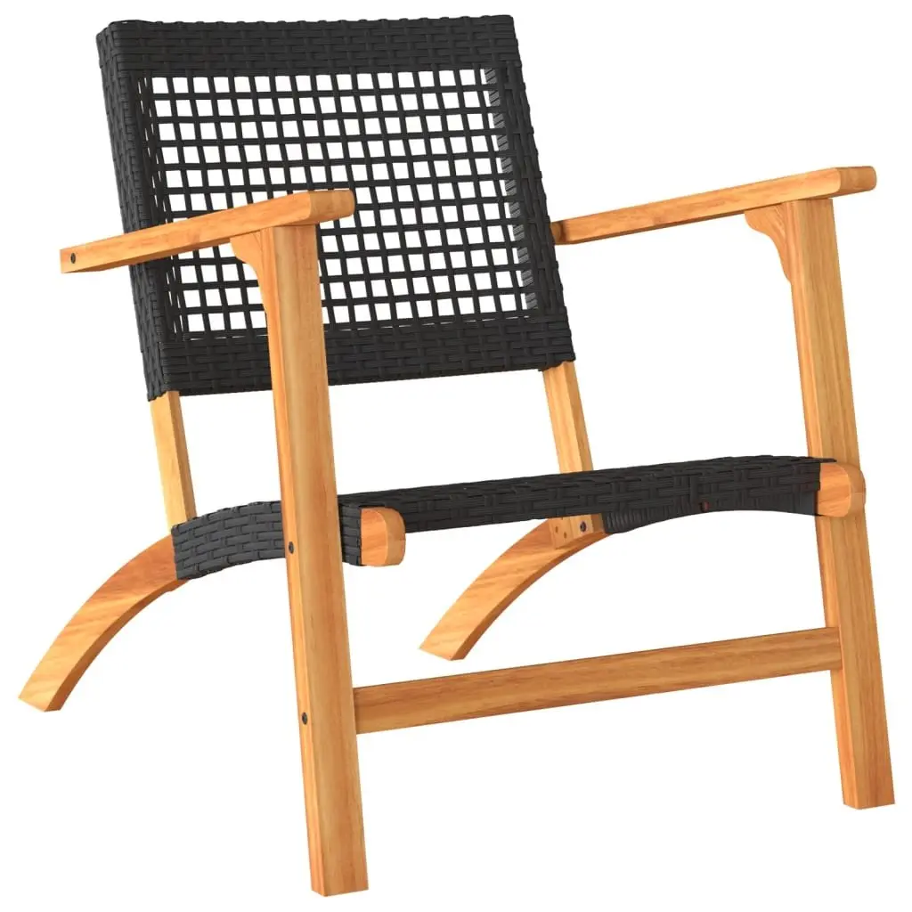 Garden Chairs Black Poly Rattan Outdoor Patio Seats with Acacia Wood Arms 2pcs