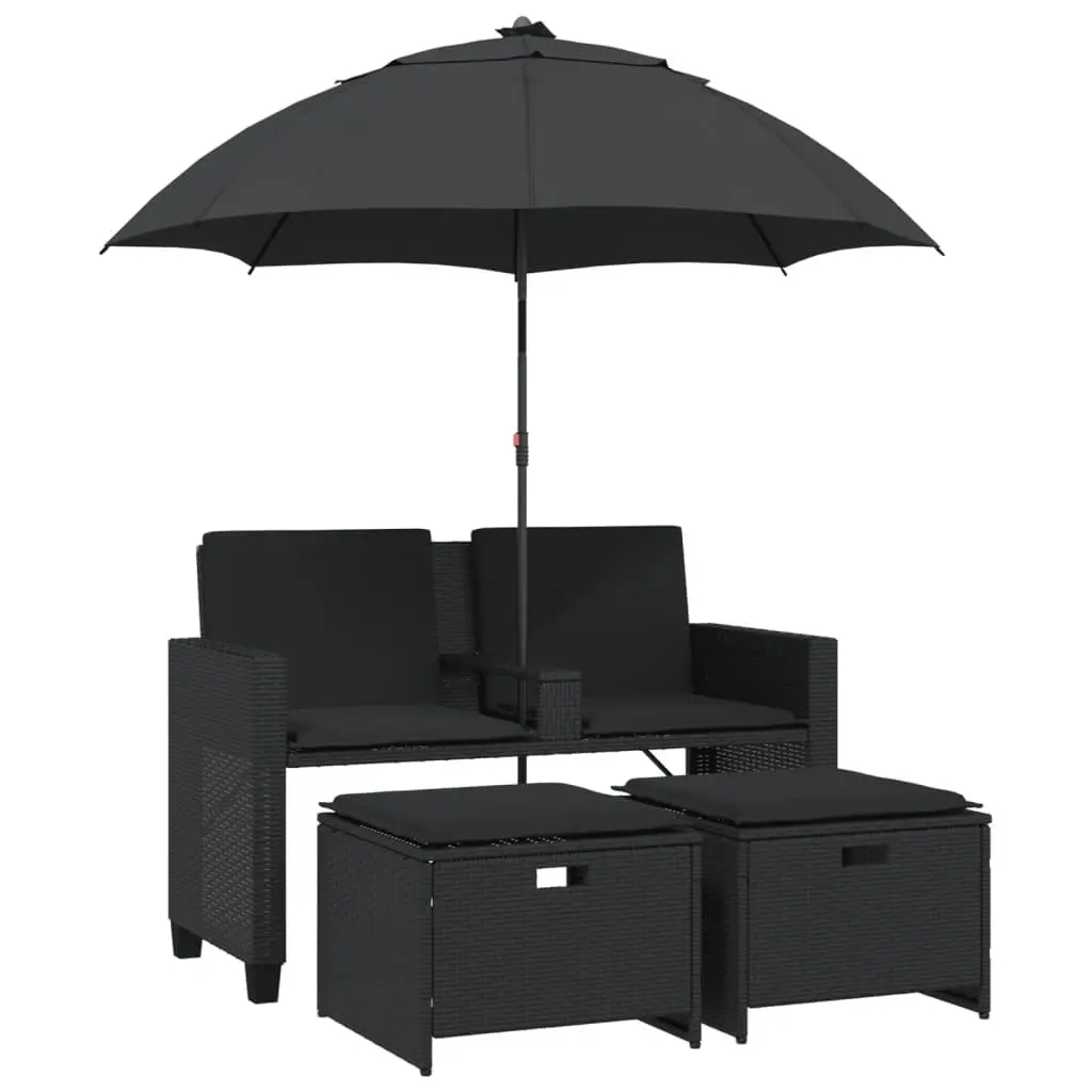 Outdoor Patio Set Black Poly Rattan Sofa 2-Seater with Adjustable Parasol and Footstools