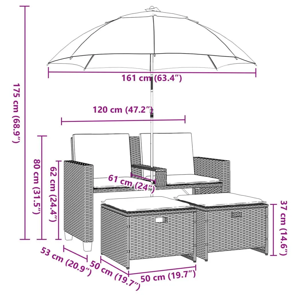 Outdoor Patio Set Black Poly Rattan Sofa 2-Seater with Adjustable Parasol and Footstools