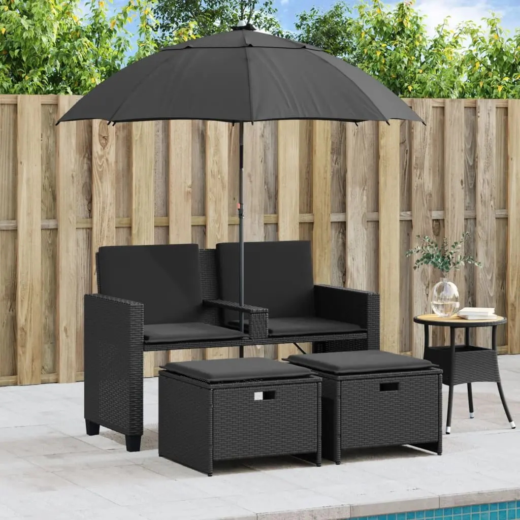 Outdoor Patio Set Black Poly Rattan Sofa 2-Seater with Adjustable Parasol and Footstools