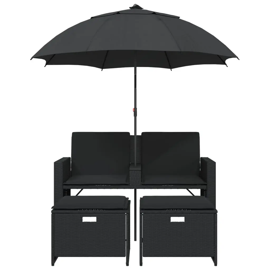 Outdoor Patio Set Black Poly Rattan Sofa 2-Seater with Adjustable Parasol and Footstools