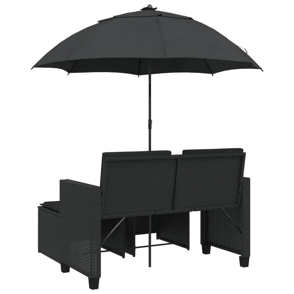 Outdoor Patio Set Black Poly Rattan Sofa 2-Seater with Adjustable Parasol and Footstools