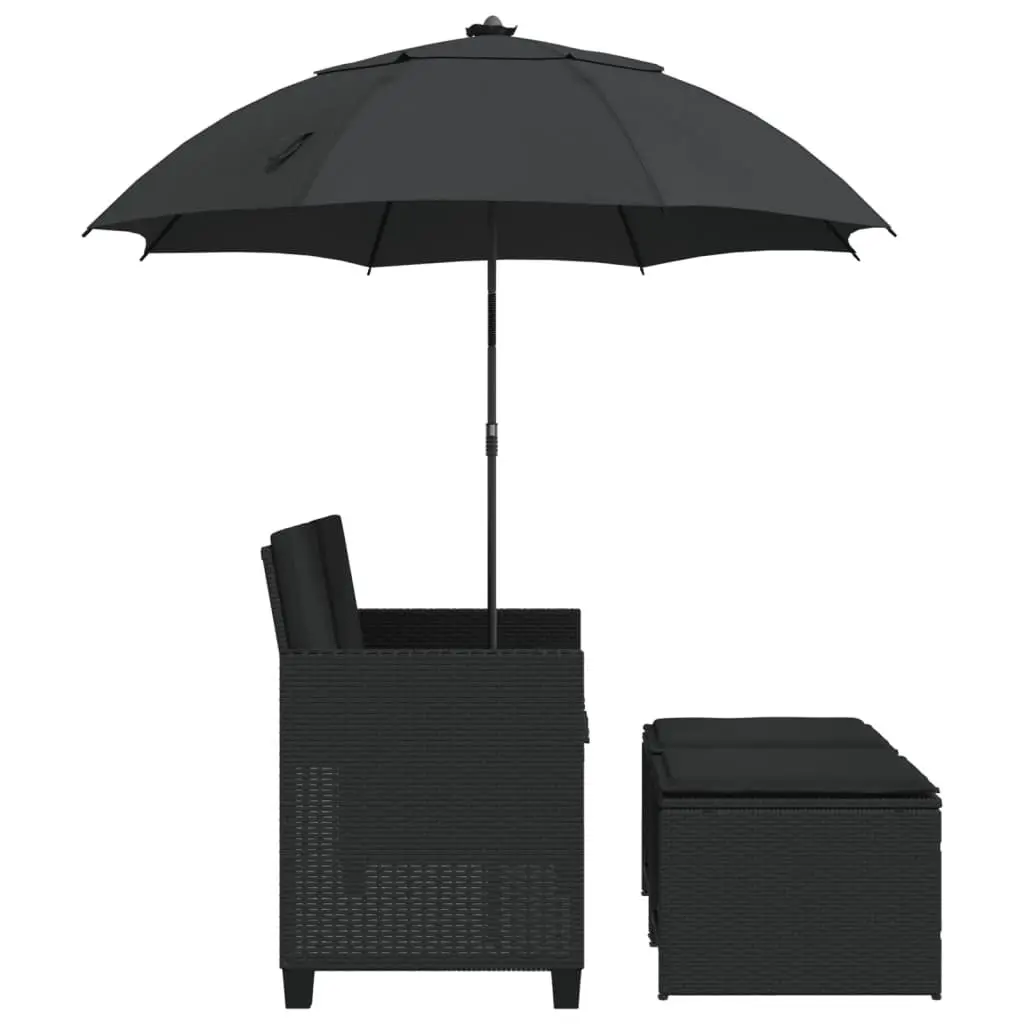 Outdoor Patio Set Black Poly Rattan Sofa 2-Seater with Adjustable Parasol and Footstools