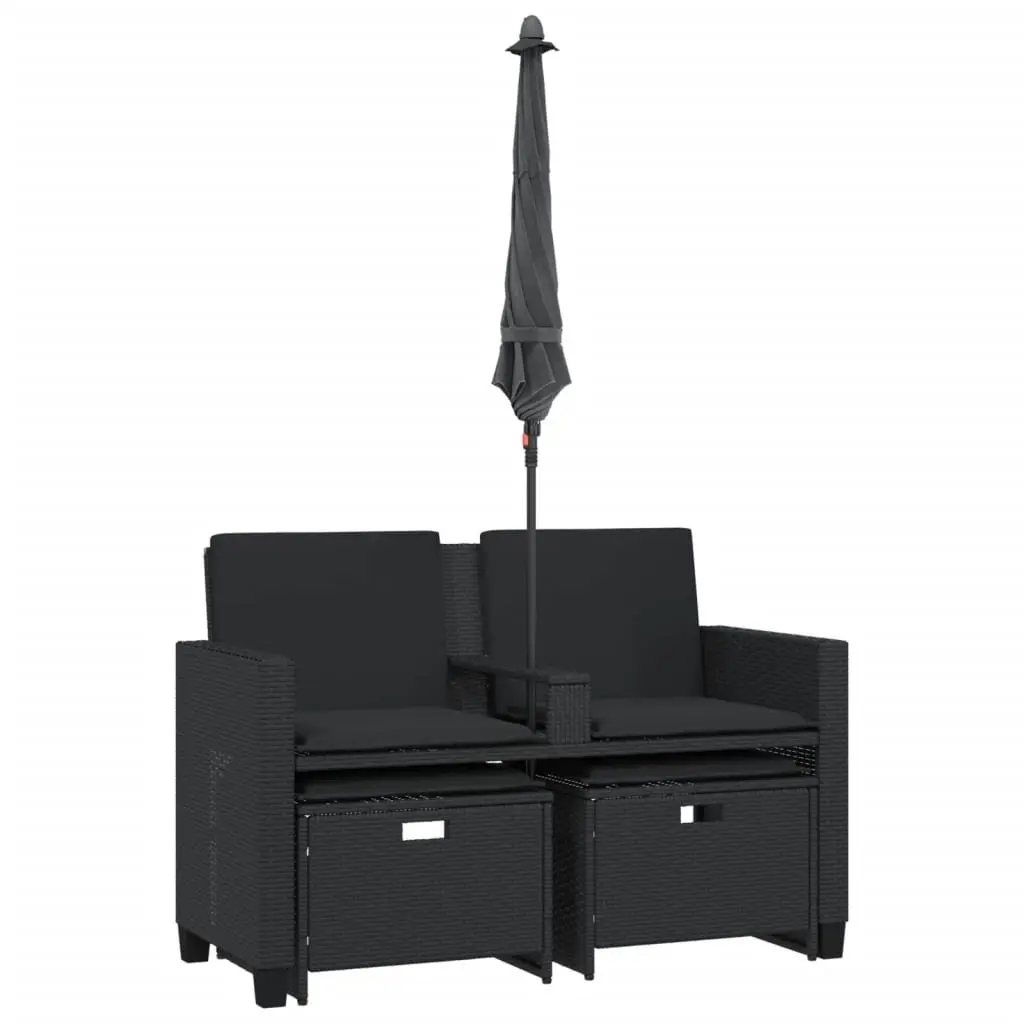 Outdoor Patio Set Black Poly Rattan Sofa 2-Seater with Adjustable Parasol and Footstools