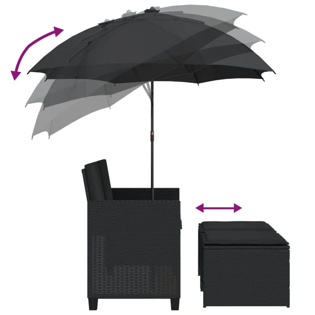 Outdoor Patio Set Black Poly Rattan Sofa 2-Seater with Adjustable Parasol and Footstools