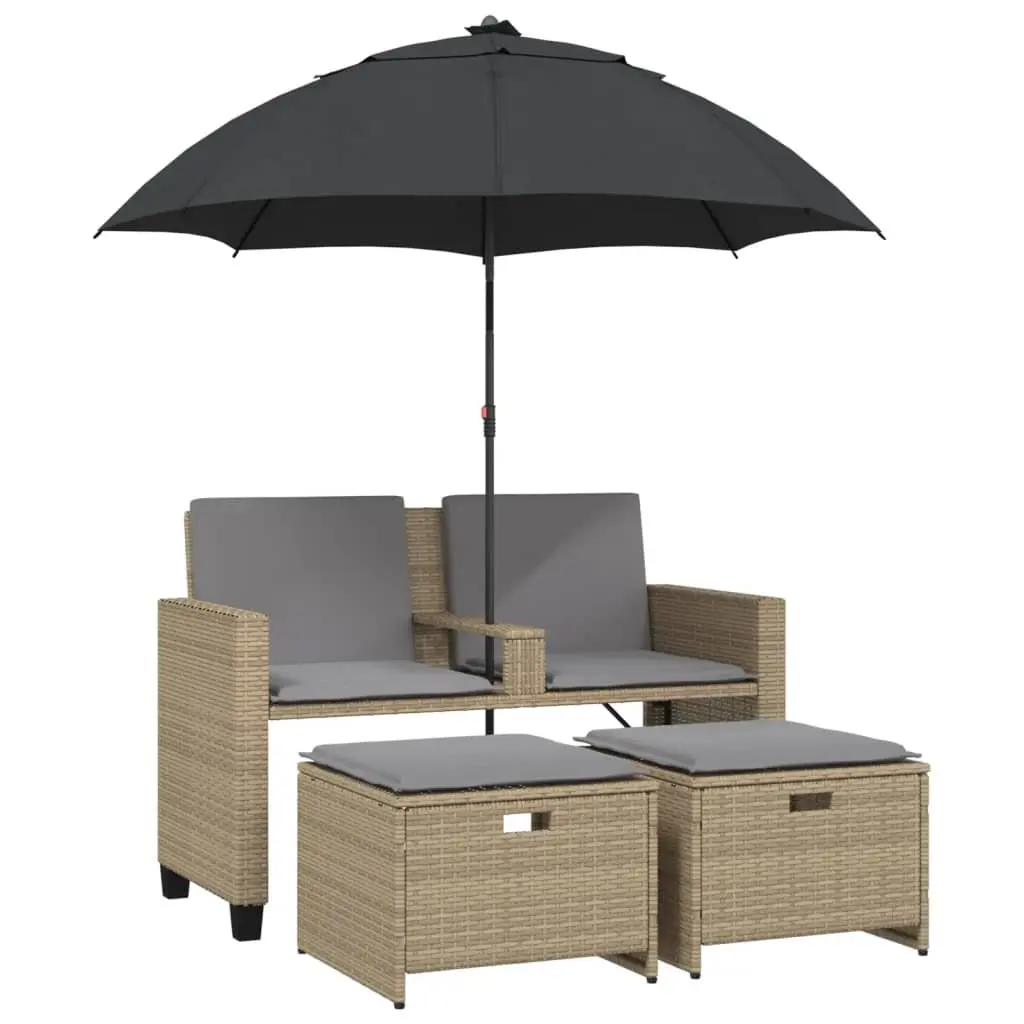 Outdoor Patio Garden Sofa Set with Beige Parasol and Footstools 2-Seater