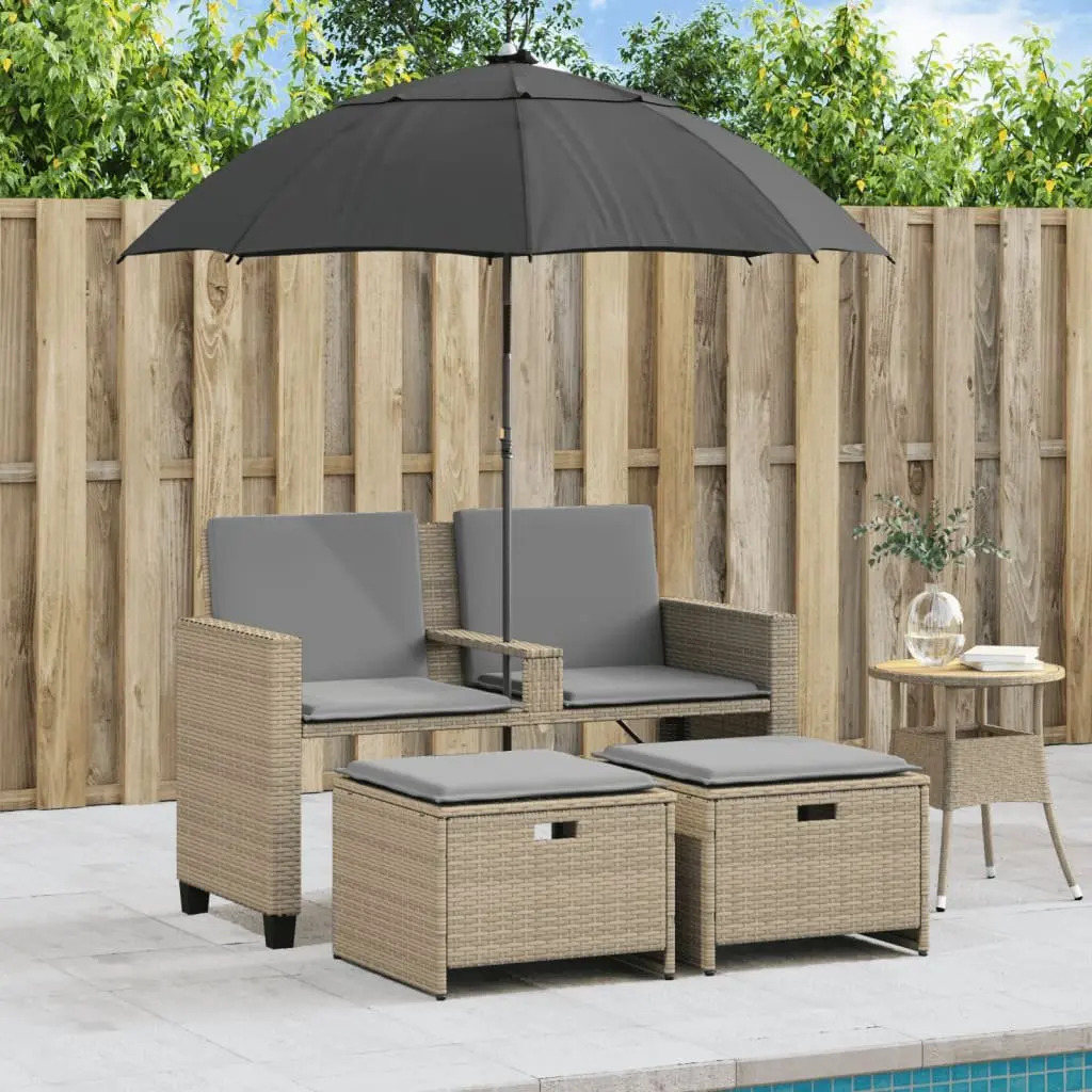Outdoor Patio Garden Sofa Set with Beige Parasol and Footstools 2-Seater