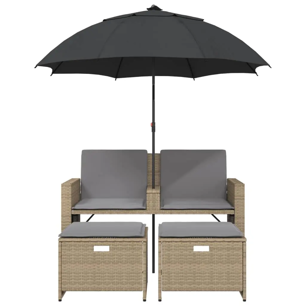 Outdoor Patio Garden Sofa Set with Beige Parasol and Footstools 2-Seater