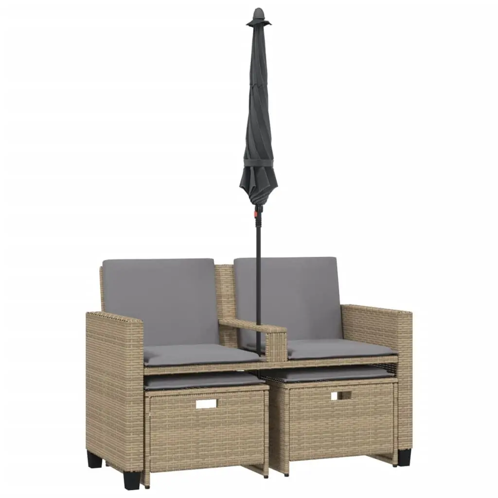 Outdoor Patio Garden Sofa Set with Beige Parasol and Footstools 2-Seater