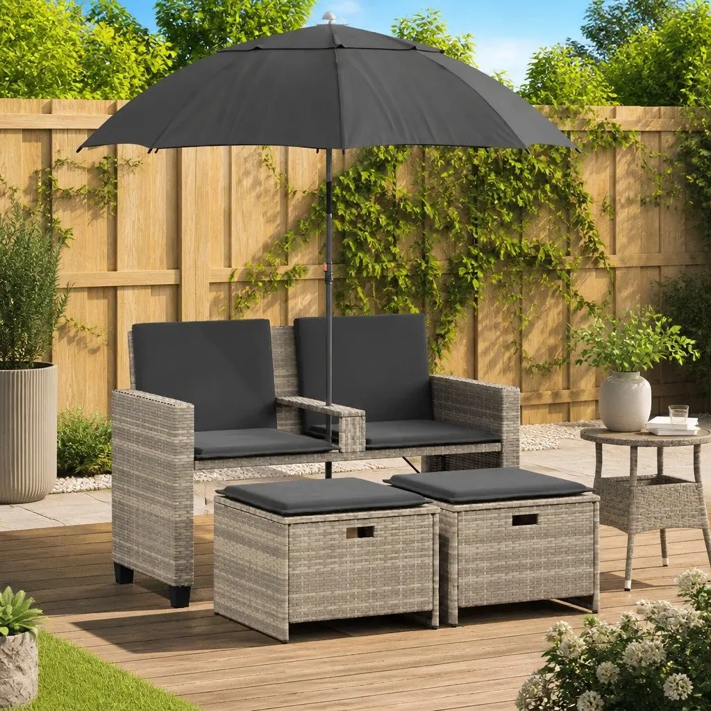 Garden Sofa 2-Seater Light Grey with Parasol and Stools Poly Rattan Outdoor Set