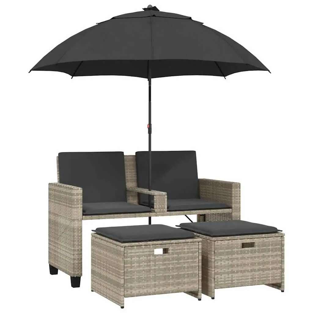 Garden Sofa 2-Seater Light Grey with Parasol and Stools Poly Rattan Outdoor Set