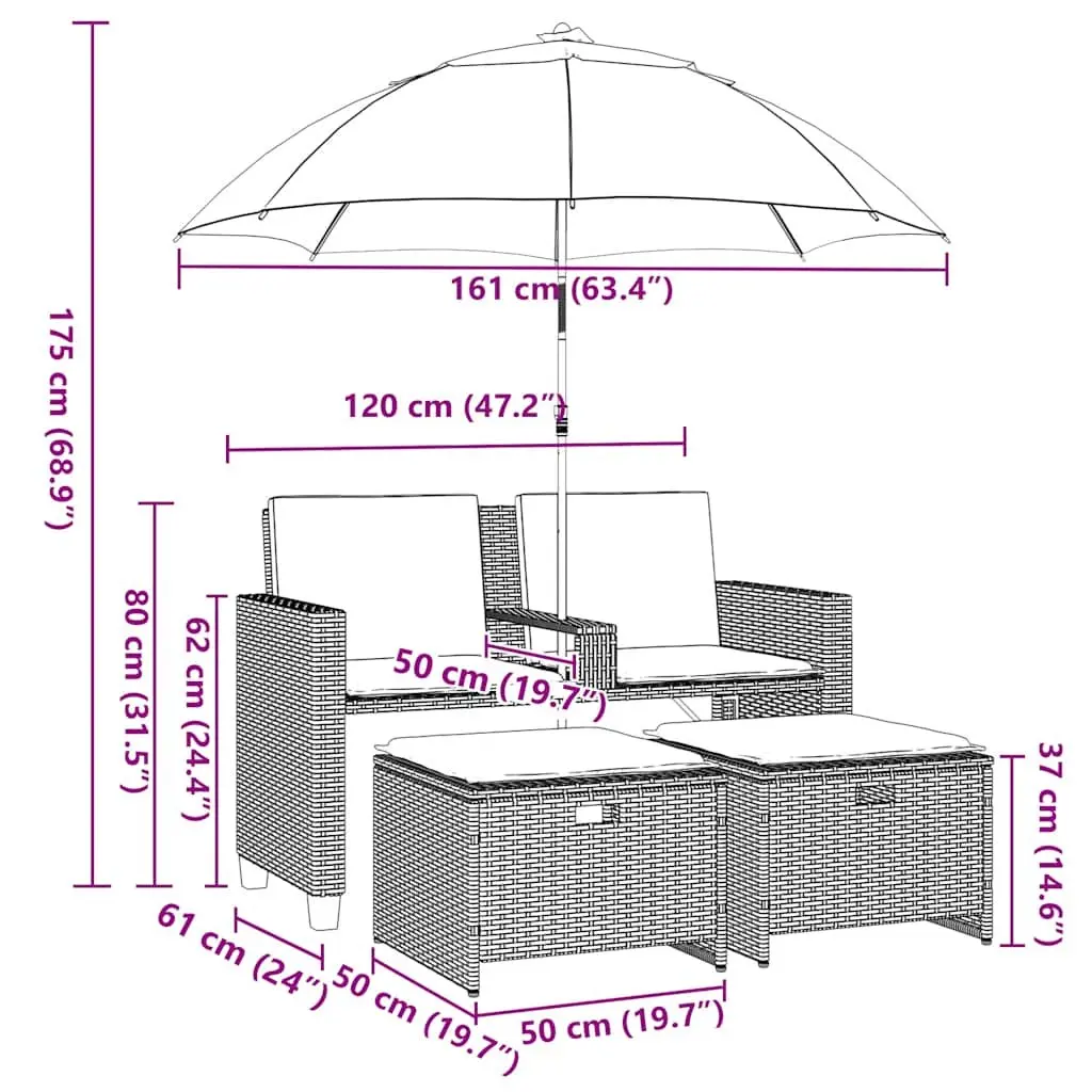 Garden Sofa 2-Seater Light Grey with Parasol and Stools Poly Rattan Outdoor Set