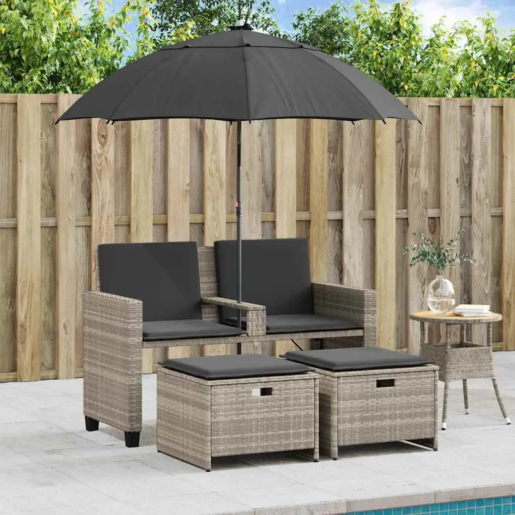 Garden Sofa 2-Seater Light Grey with Parasol and Stools Poly Rattan Outdoor Set