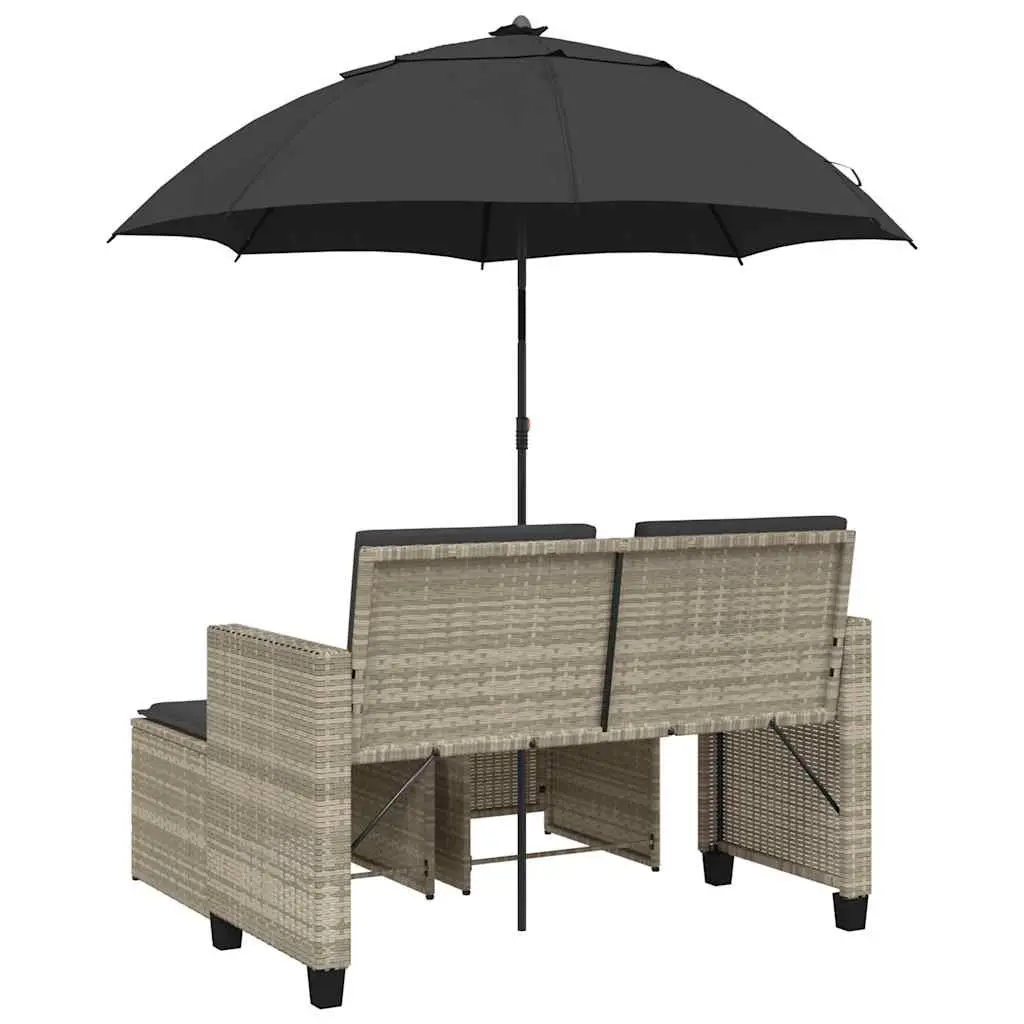 Garden Sofa 2-Seater Light Grey with Parasol and Stools Poly Rattan Outdoor Set