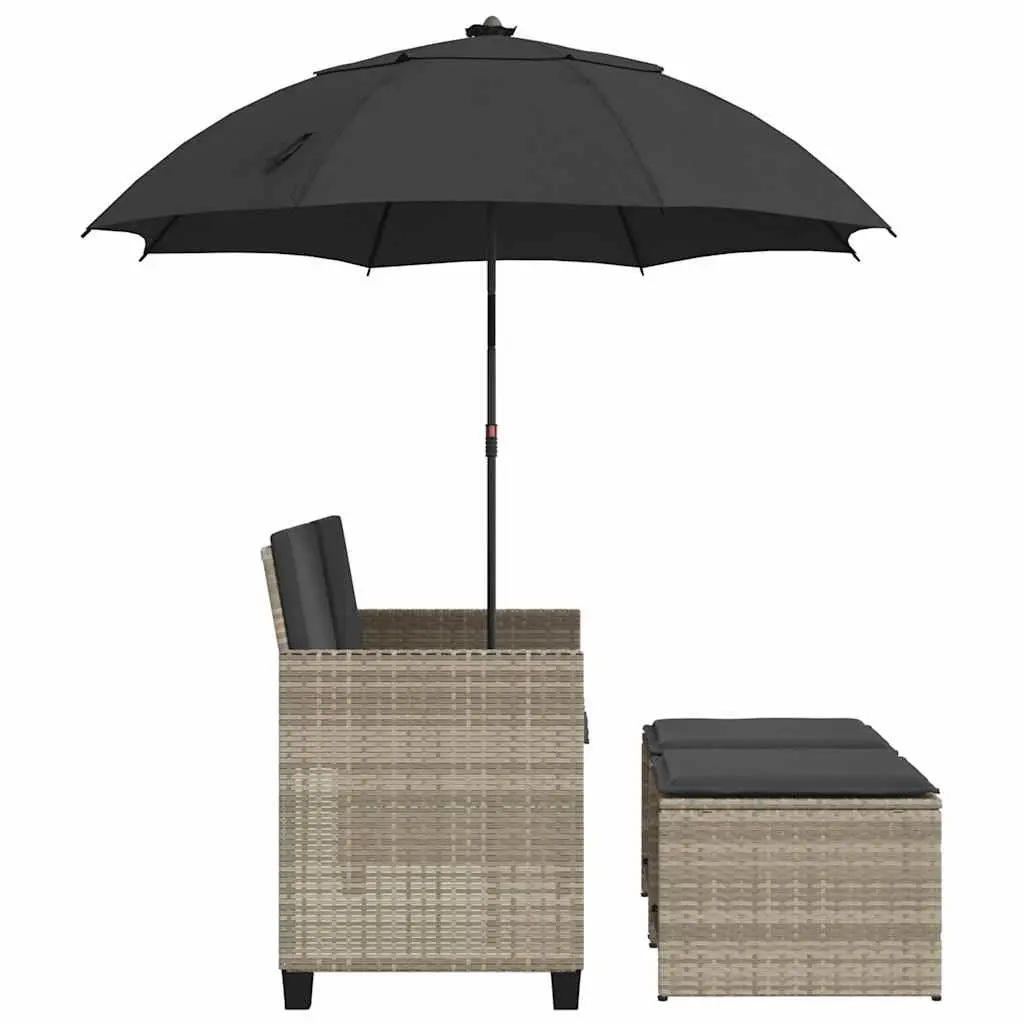 Garden Sofa 2-Seater Light Grey with Parasol and Stools Poly Rattan Outdoor Set