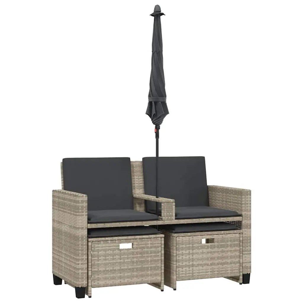Garden Sofa 2-Seater Light Grey with Parasol and Stools Poly Rattan Outdoor Set