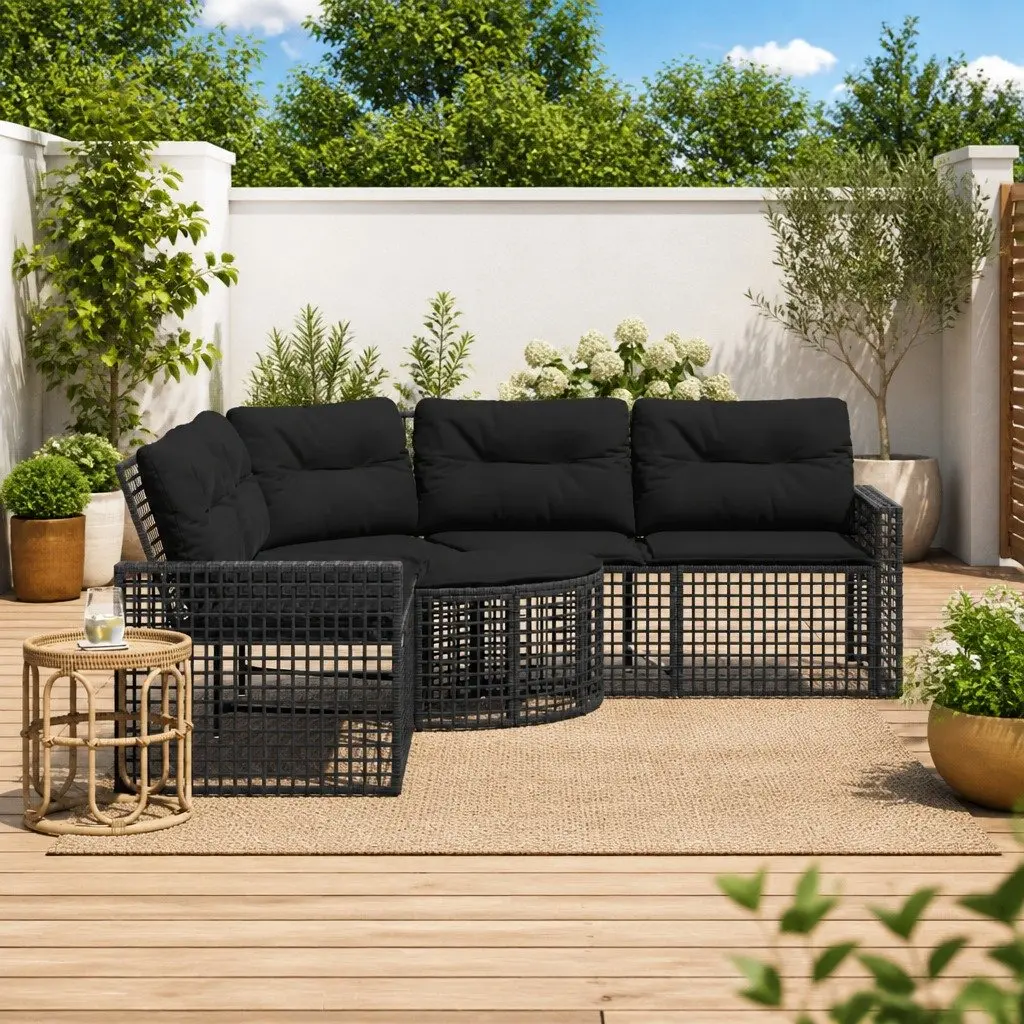 L-Shaped Garden Sofa with Footstool Black Poly Rattan Outdoor Patio