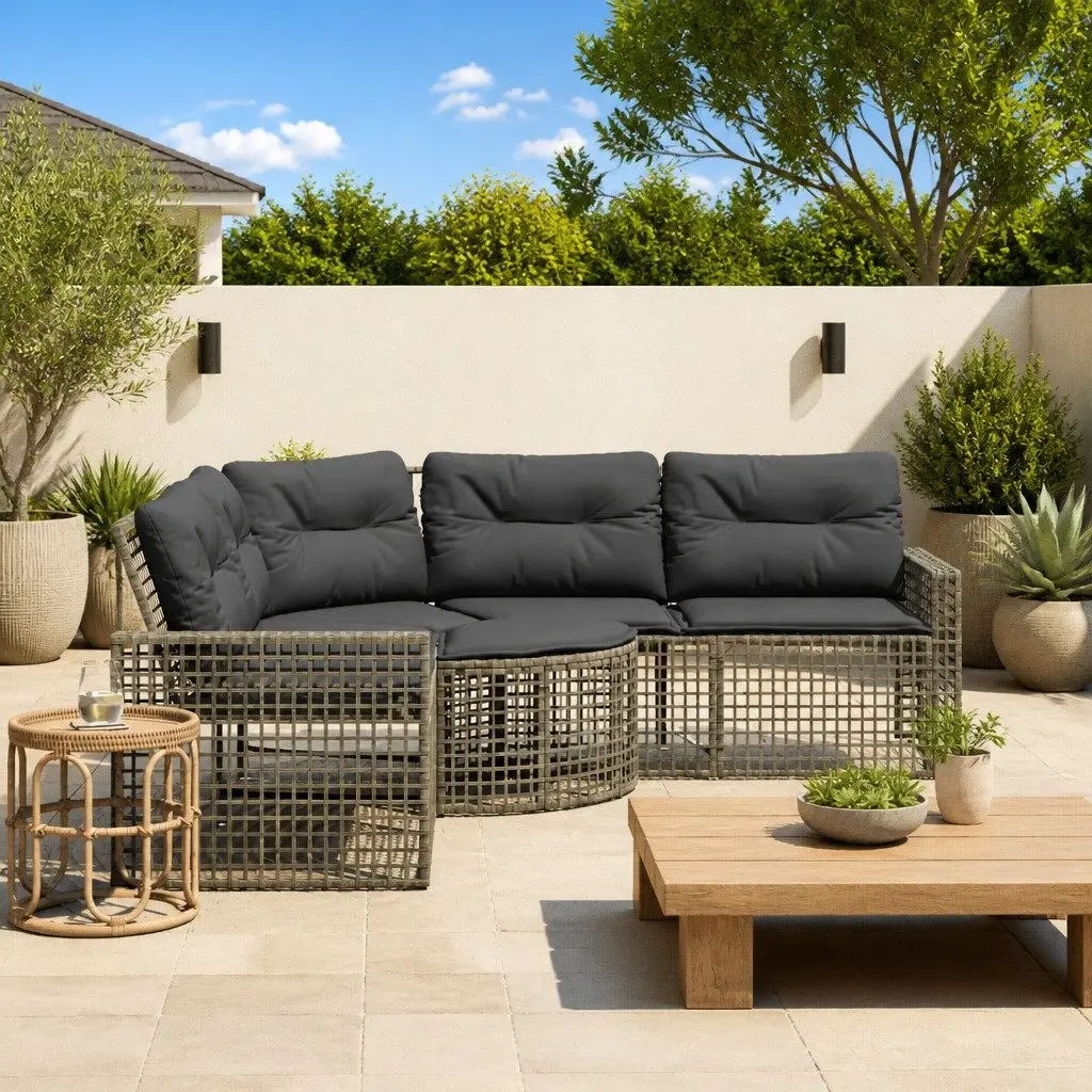 L-Shaped Garden Sofa Set Grey Poly Rattan with Cushions and Footstool