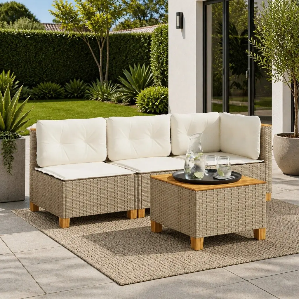 Outdoor Sofa Armless Modular Lounge Seating with Thick Cushions Beige Poly Rattan