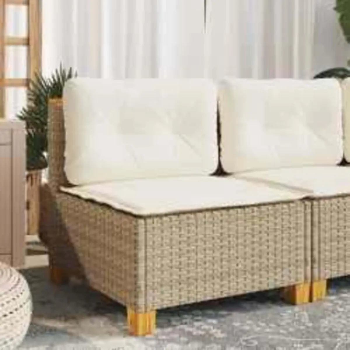Outdoor Sofa Armless Modular Lounge Seating with Thick Cushions Beige Poly Rattan