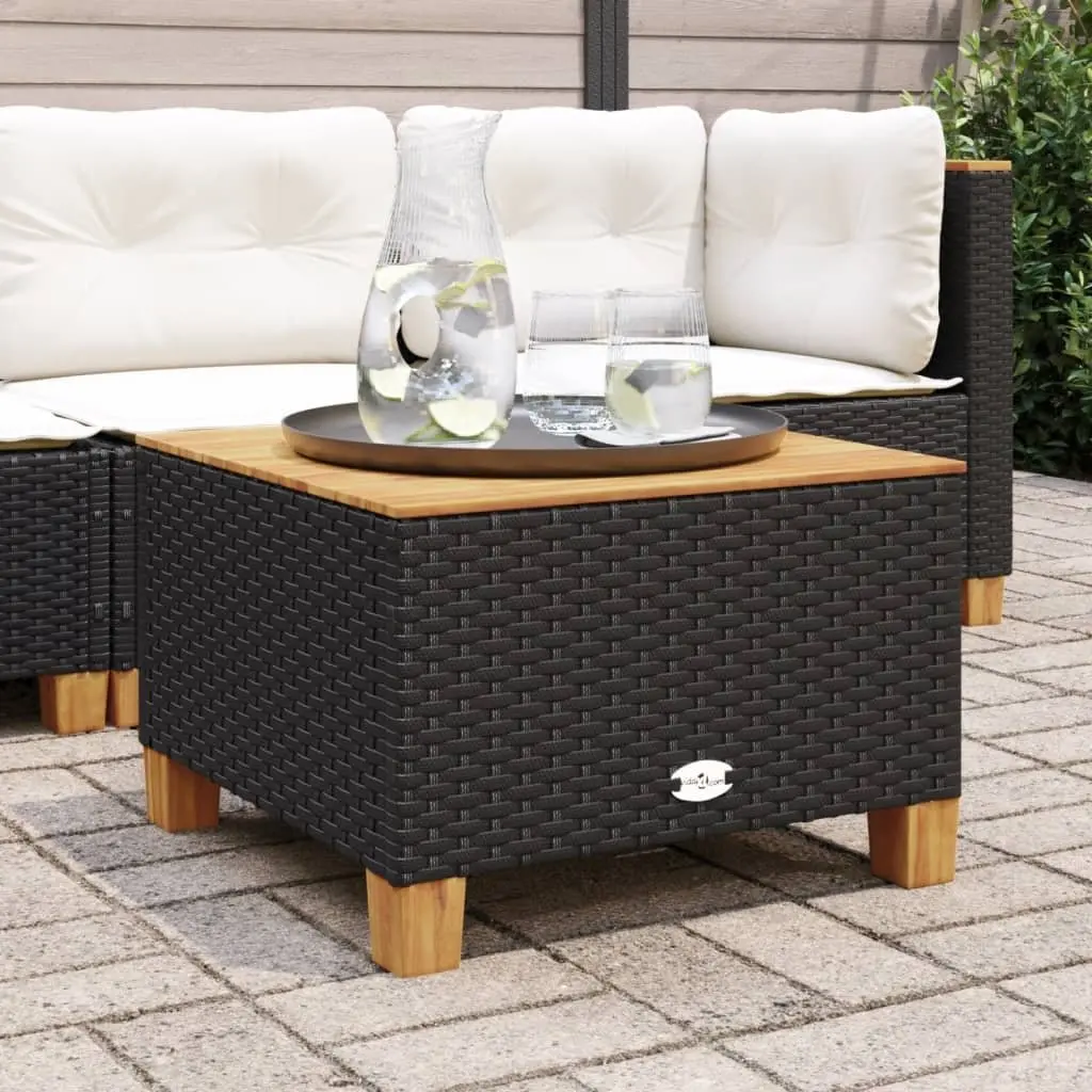 Garden Table Black 55x55x36cm Poly Rattan Acacia Wood Top