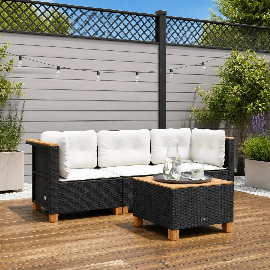 3-Seater Outdoor Garden Sofa Black Poly Rattan with Cushions