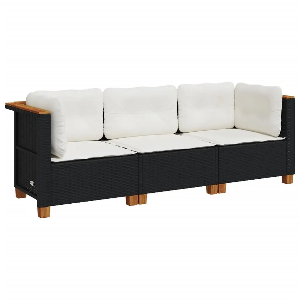 3-Seater Outdoor Garden Sofa Black Poly Rattan with Cushions