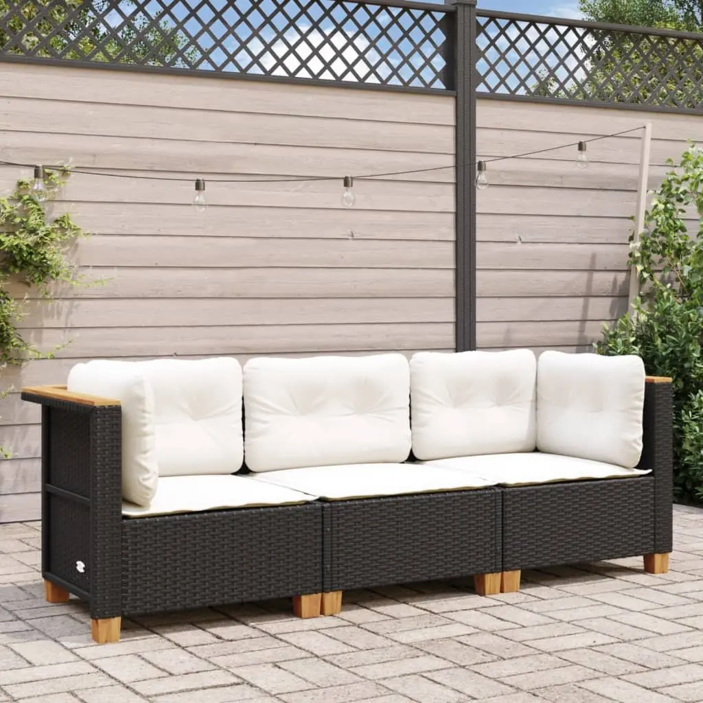 3-Seater Outdoor Garden Sofa Black Poly Rattan with Cushions