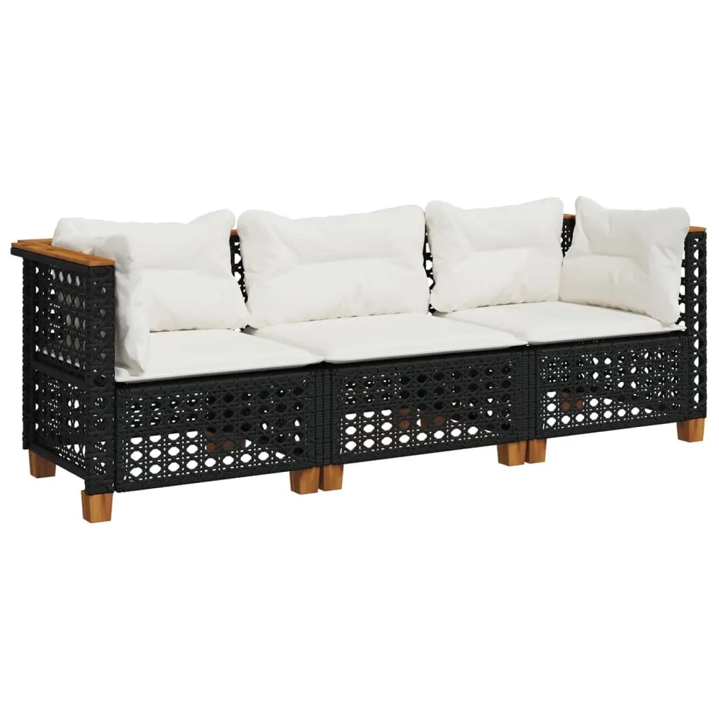 3-Seater Outdoor Garden Sofa Black Poly Rattan Lounge with Cushions