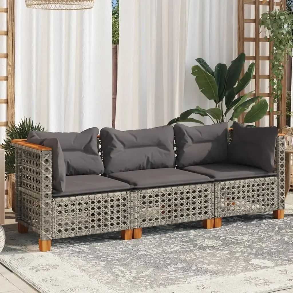 3-Seater Outdoor Garden Sofa with Cushions Grey Poly Rattan Lounge Seating