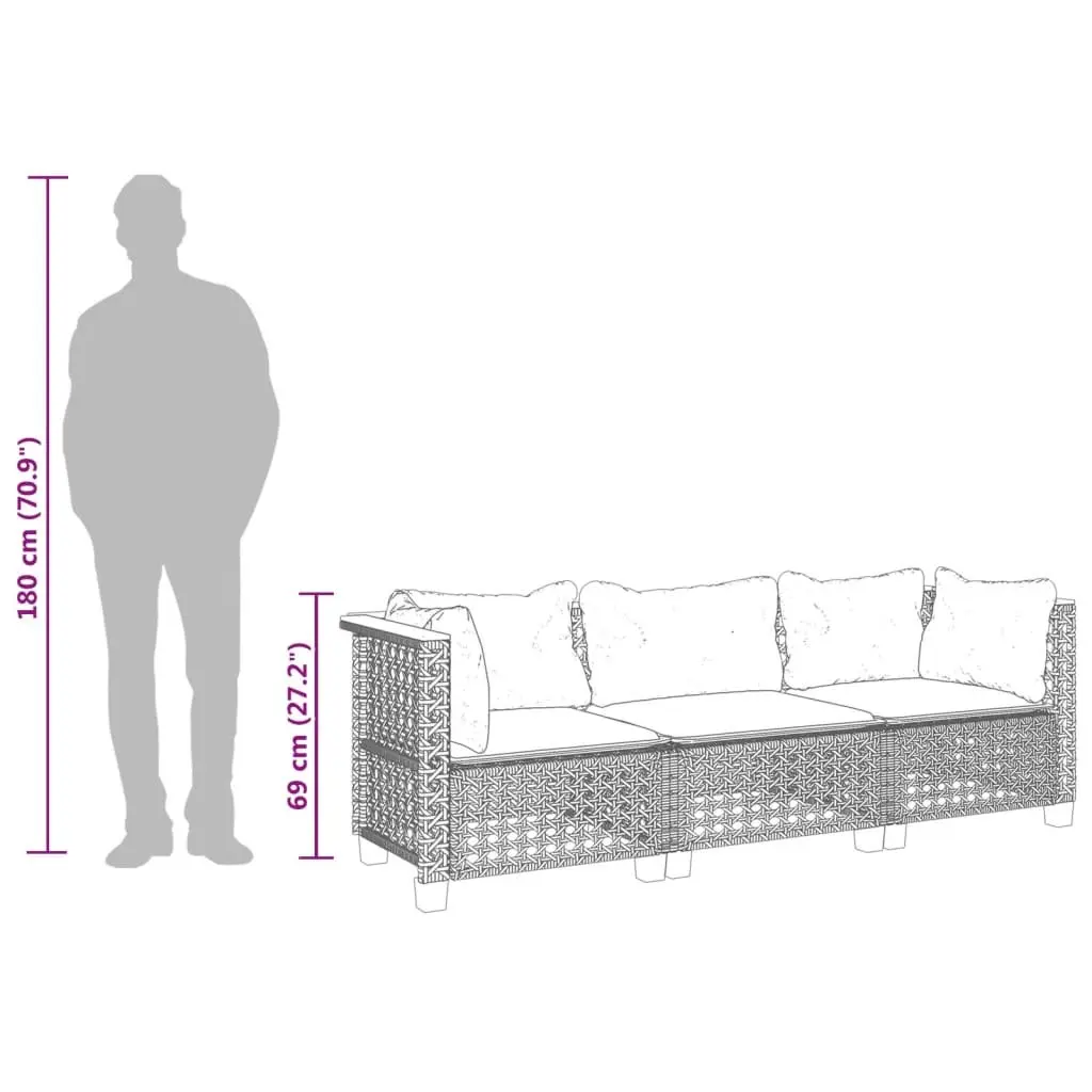 3-Seater Outdoor Garden Sofa with Cushions Grey Poly Rattan Lounge Seating