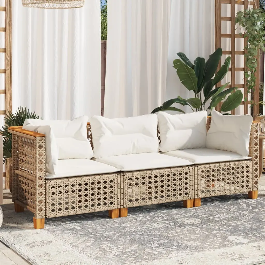 3-Seater Outdoor Garden Sofa with Cushions Beige Poly Rattan Lounge Seating