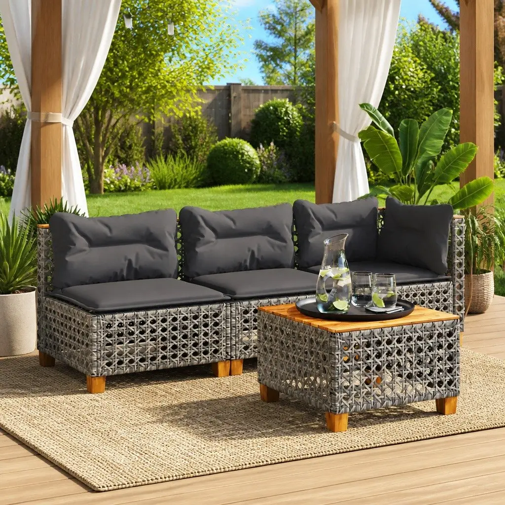3-Seater Outdoor Garden Sofa Grey PE Rattan Lounge with Cushions Modular