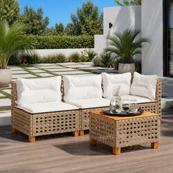 Beige Outdoor Sofa 3-Seater with Cushions - PE Rattan