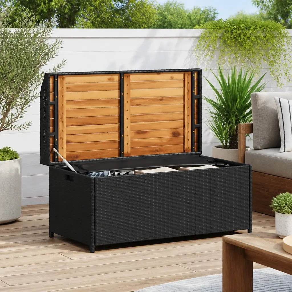 Outdoor Storage Bench Black PE Rattan Acacia Wood 100x50x52cm