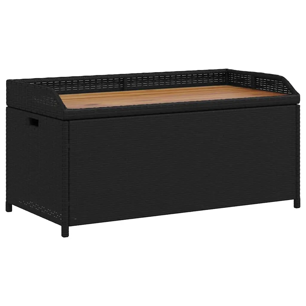 Outdoor Storage Bench Black PE Rattan Acacia Wood 100x50x52cm