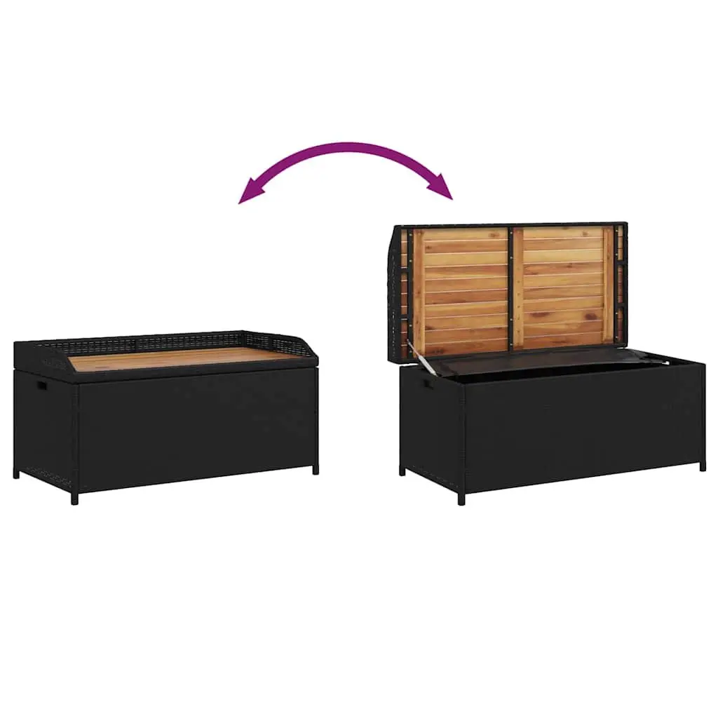Outdoor Storage Bench Black PE Rattan Acacia Wood 100x50x52cm