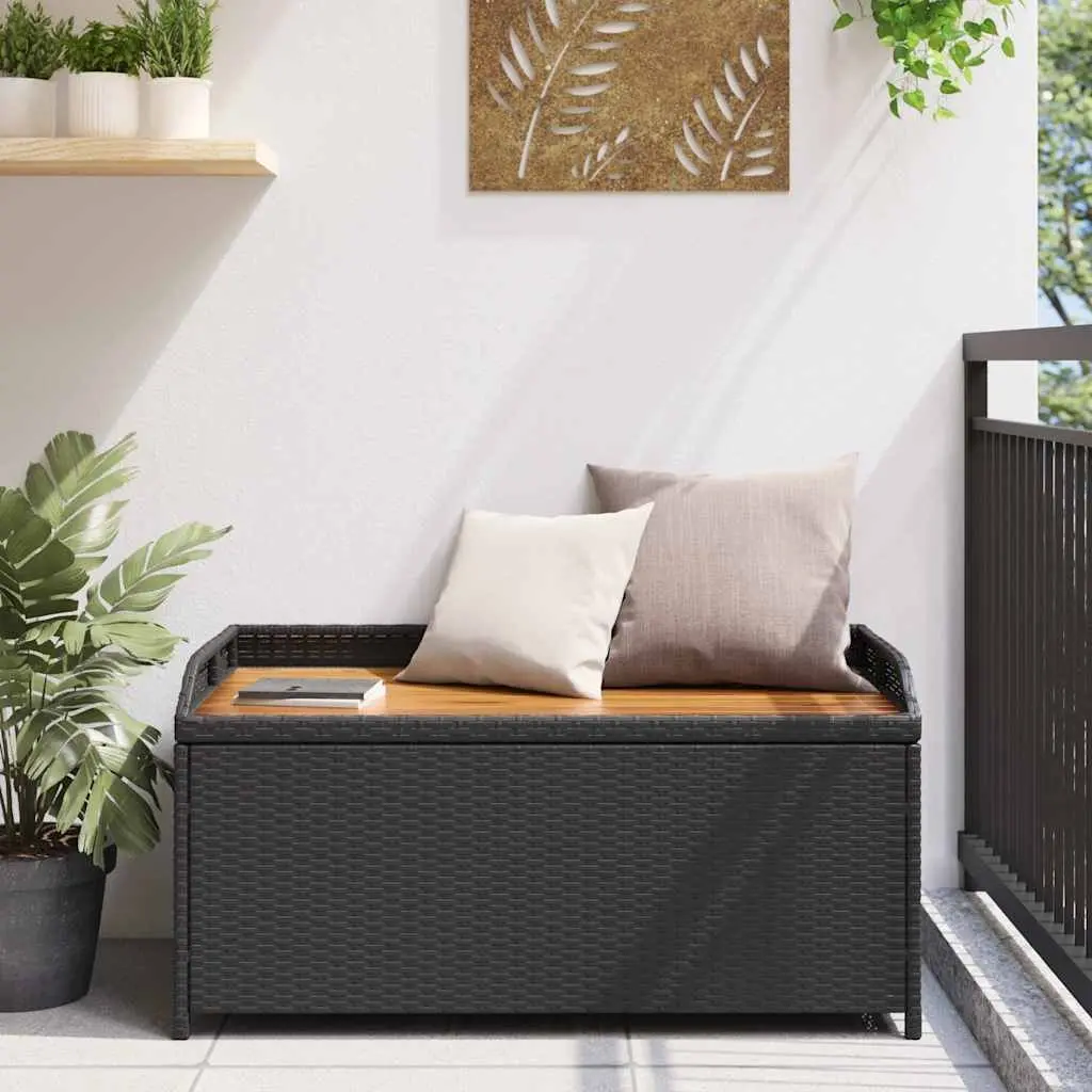 Outdoor Storage Bench Black PE Rattan Acacia Wood 100x50x52cm