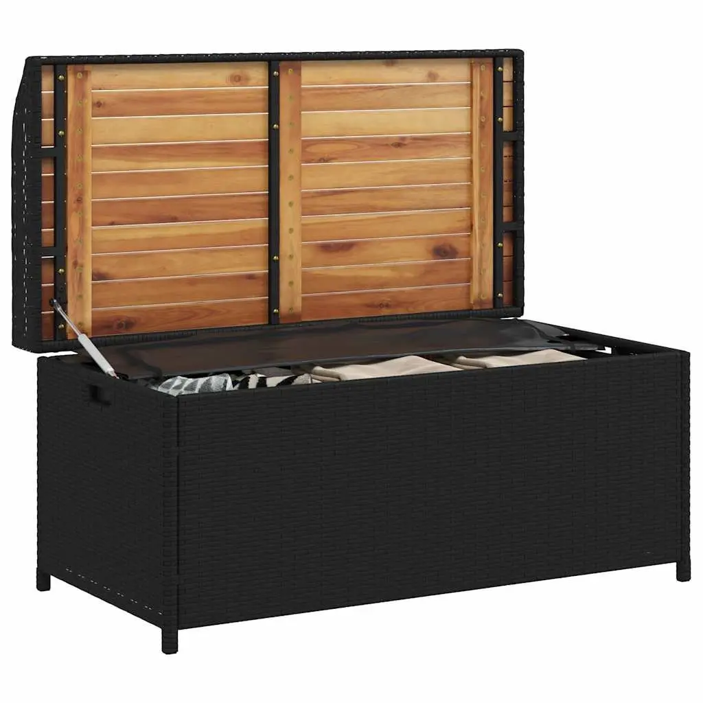 Outdoor Storage Bench Black PE Rattan Acacia Wood 100x50x52cm