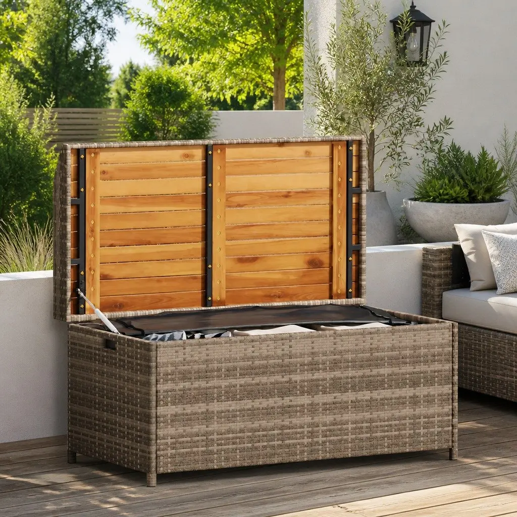 Outdoor Storage Bench Grey Poly Rattan Acacia Wood Seating 100x50x52cm